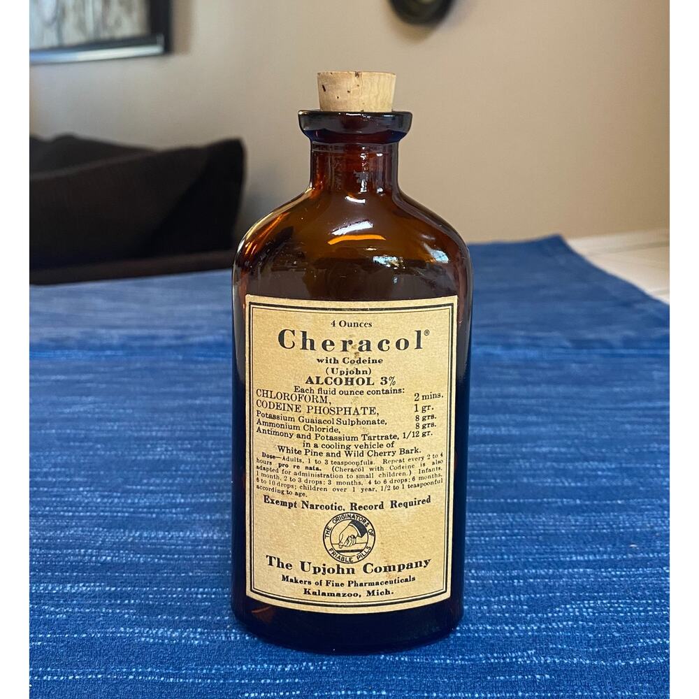Vtg Upjohn Cheracol Codeine Amber Brown Bottle Apothecary Pharmacy Advertising